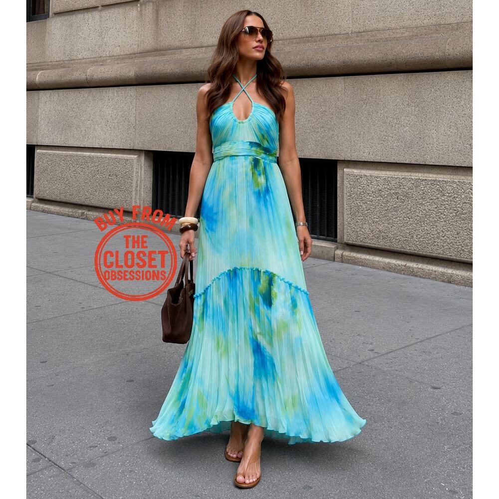 Mango NWT Blue Watercolor Halter Pleated Maxi Dress 6 8 - Picture 4 of 16